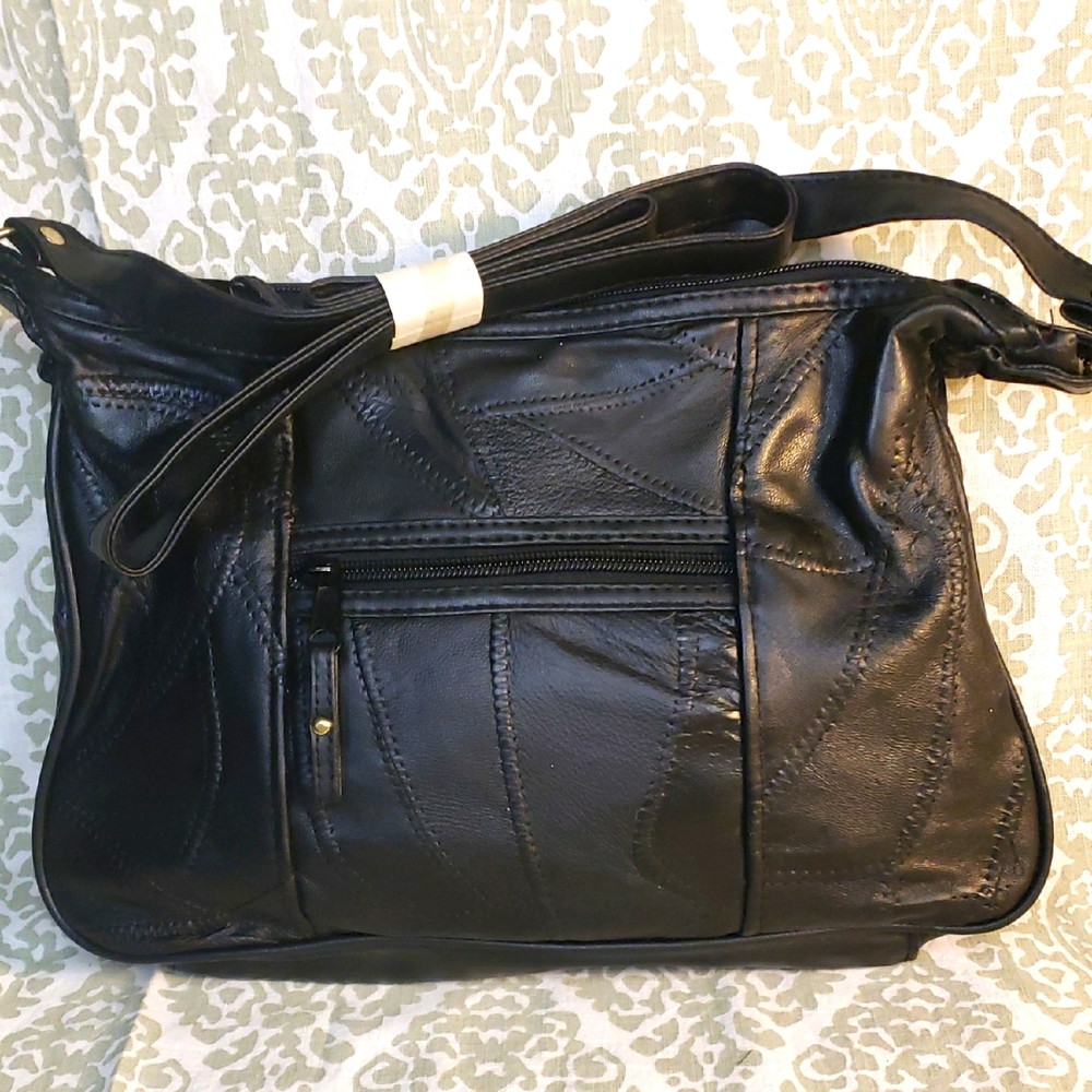 Patchwork Vintage Black Leather Shoulder Bag.